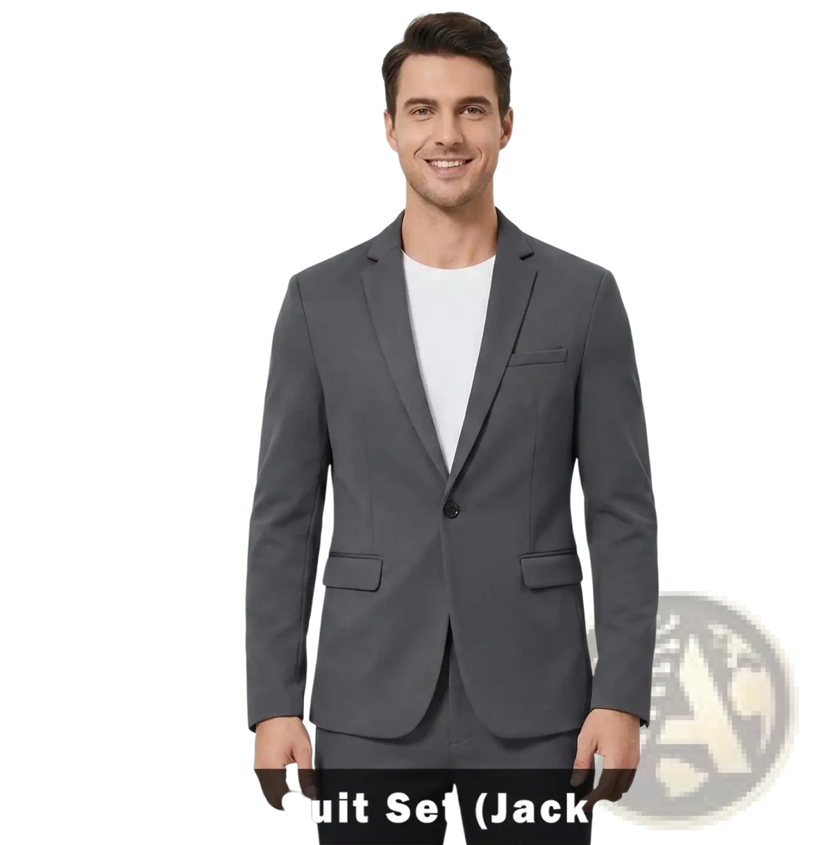 A sleek dark gray men two-piece suit jacket with single button closure and structured shoulders