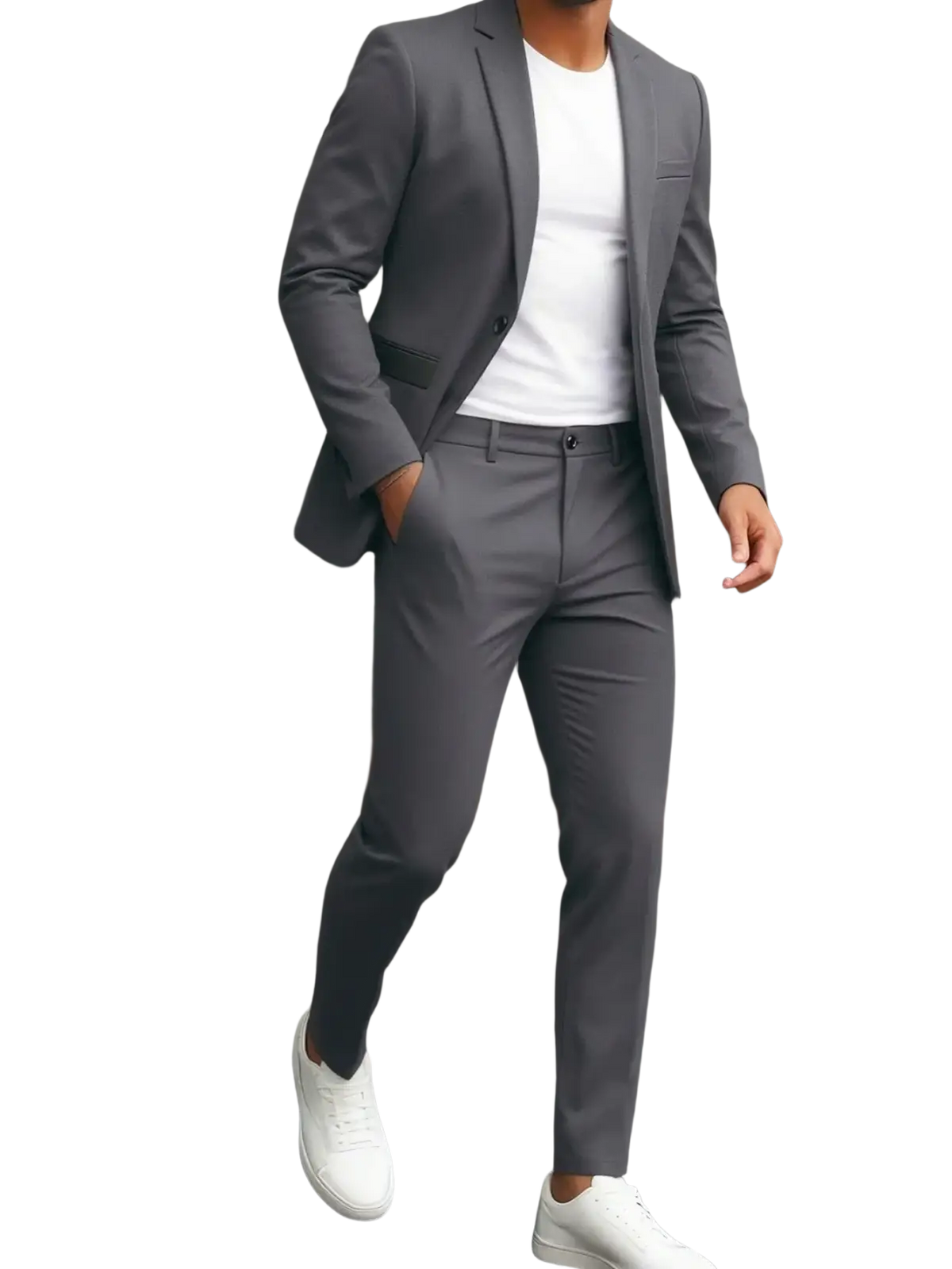 A sleek modern gray men two-piece suit set with tailored fit and subtle textured fabric