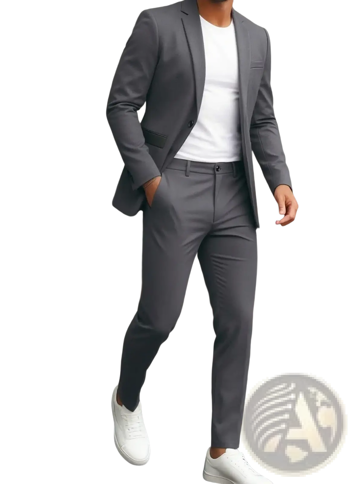 A sleek modern gray men two-piece suit set with tailored fit and subtle textured fabric