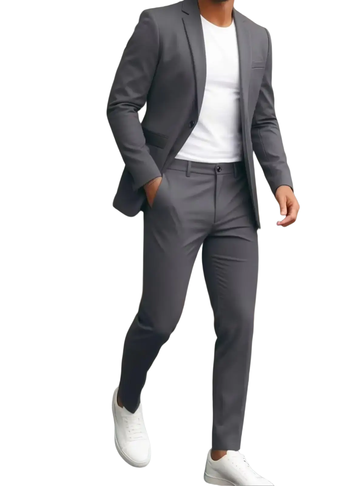 Gray men two-piece suit set featuring a sleek tailored gray suit with modern cut and subtle texture