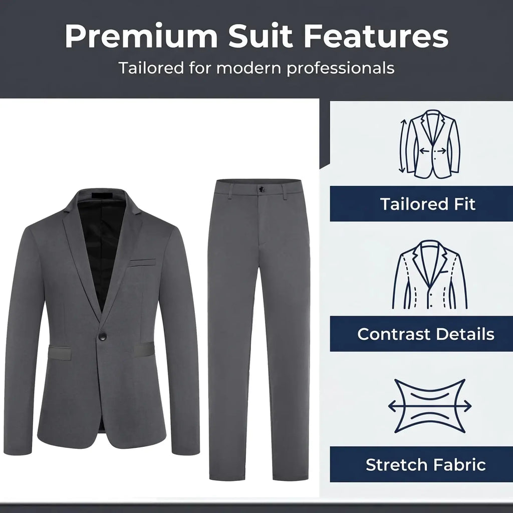 Gray men two-piece suit set featuring a tailored fit with contrast stitching and stretch fabric for comfort
