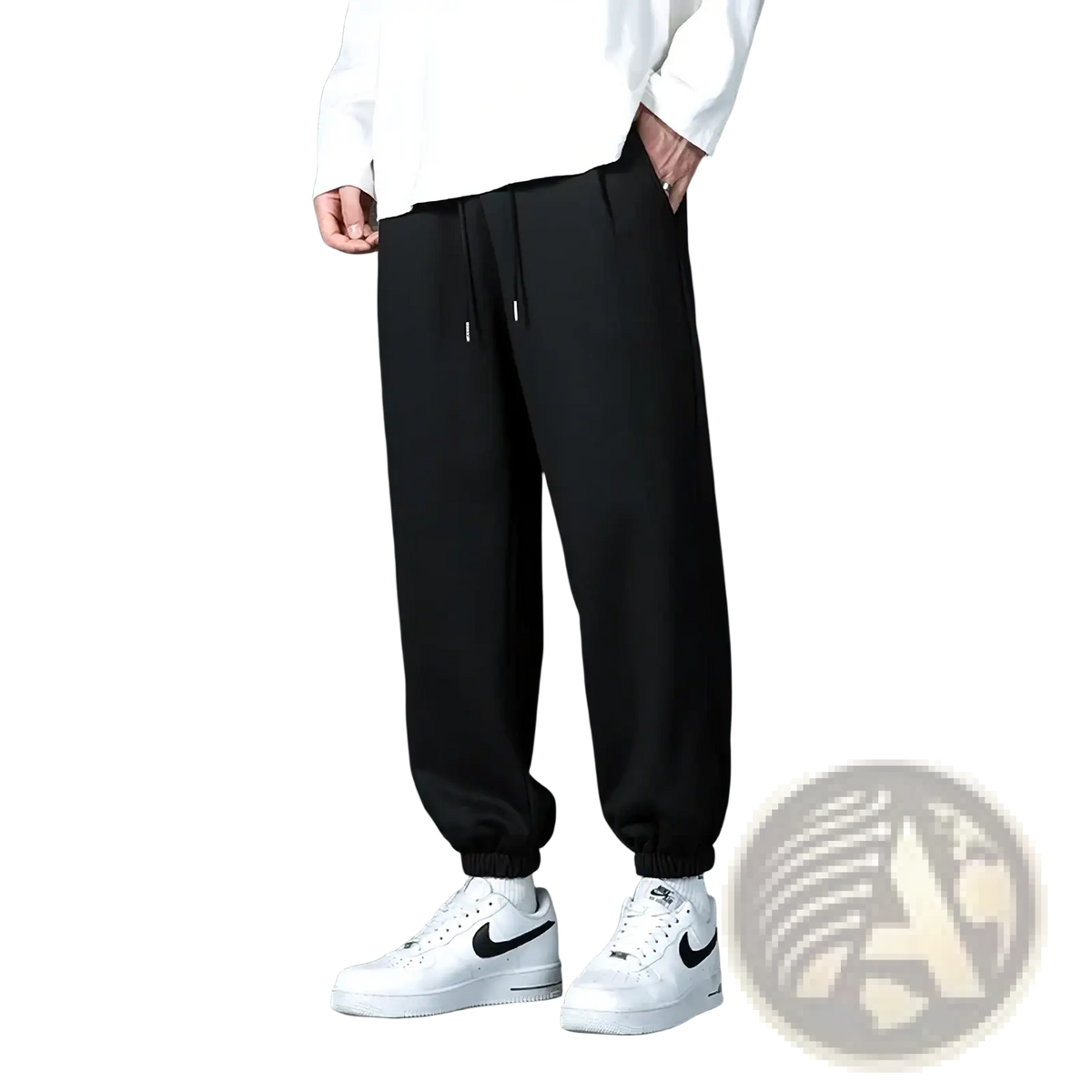 Black relaxed fit jogger sweatpants with drawstring waist and elastic cuffs for casual wear