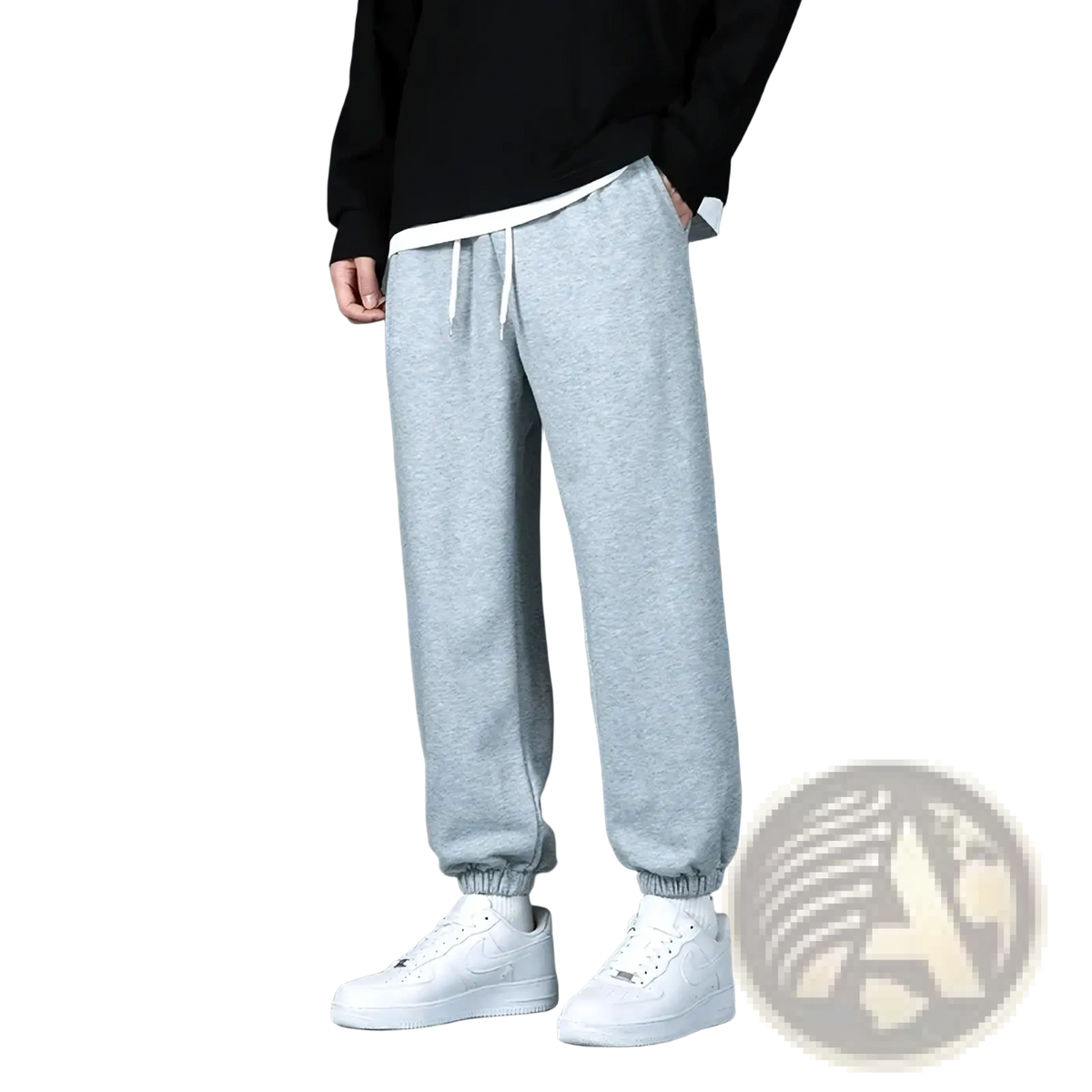 Gray mens jogger sweatpants featuring gray heathered fabric white drawstrings and elastic cuffs for casual wear