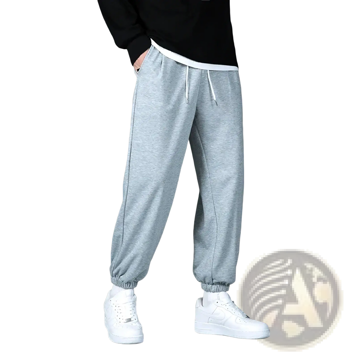 Gray mens jogger sweatpants in heathered fabric with white drawstrings and contrasting white waistband for casual wear
