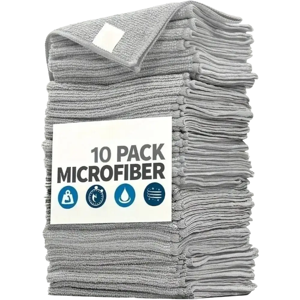 A stack of ten gray microfiber cleaning cloths neatly folded and packaged in a gray microfiber cleaning cloths set