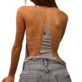 Gray open back knit camisole top with thin metallic straps and horizontal cutouts shown from the back side for drop shipping protection time