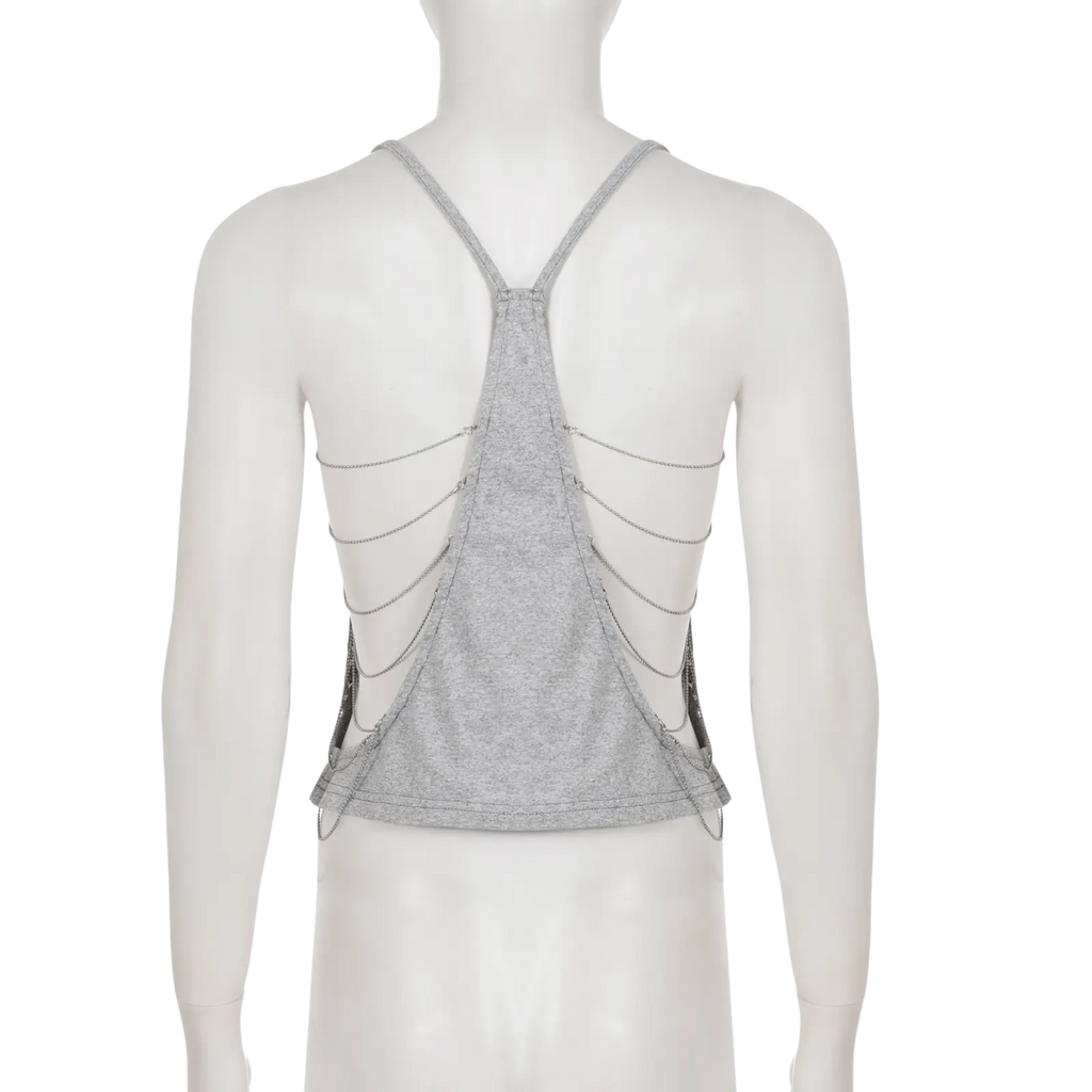 Back view of gray open back knit camisole top with silver chain detailing promoting purchase protection time benefits