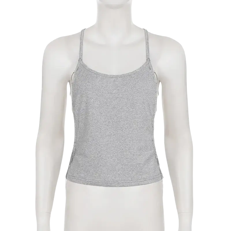 Gray open back knit camisole top with thin straps and side zipper details, ideal for drop shipping and purchase protection
