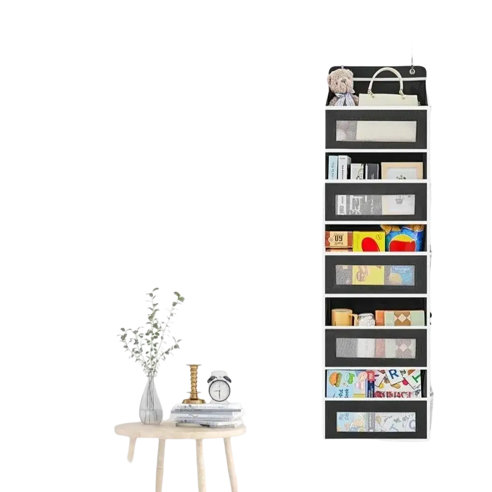Black and white over door hanging storage organizer with five clear plastic pockets for multi-compartment use