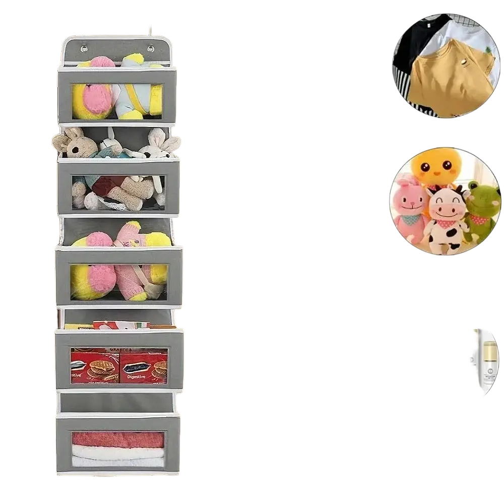 Gray over door hanging storage organizer made of fabric with clear front panels and five multiple compartments