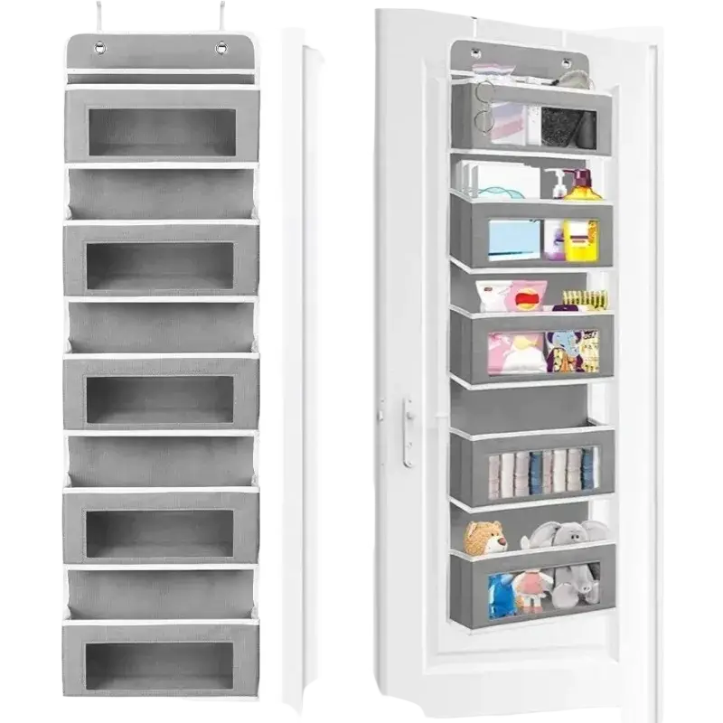 Gray fabric over door hanging storage organizer with five clear front pocket compartments for easy visibility
