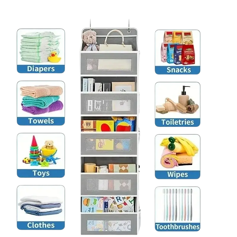 Gray over door hanging storage organizer with five pockets featuring transparent and solid compartments for organizing essentials