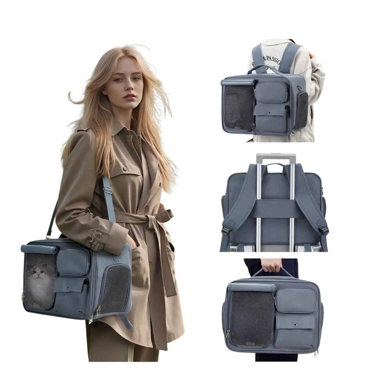 Gray pet carrier travel bag with mesh sides and multiple compartments for small cats and dogs portability and comfort