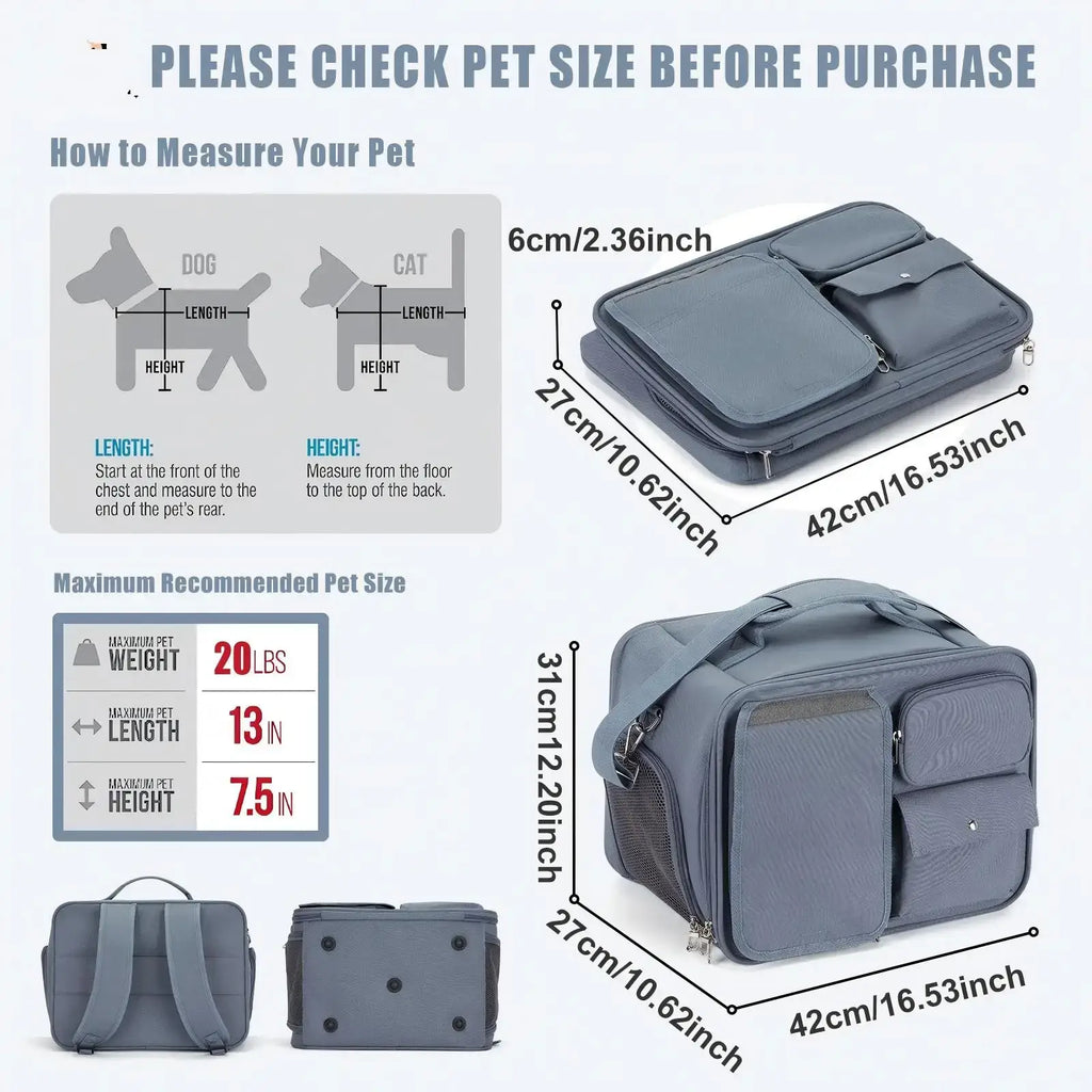 Gray pet carrier travel bag with multiple compartments and zippers for small to medium-sized cats and dogs
