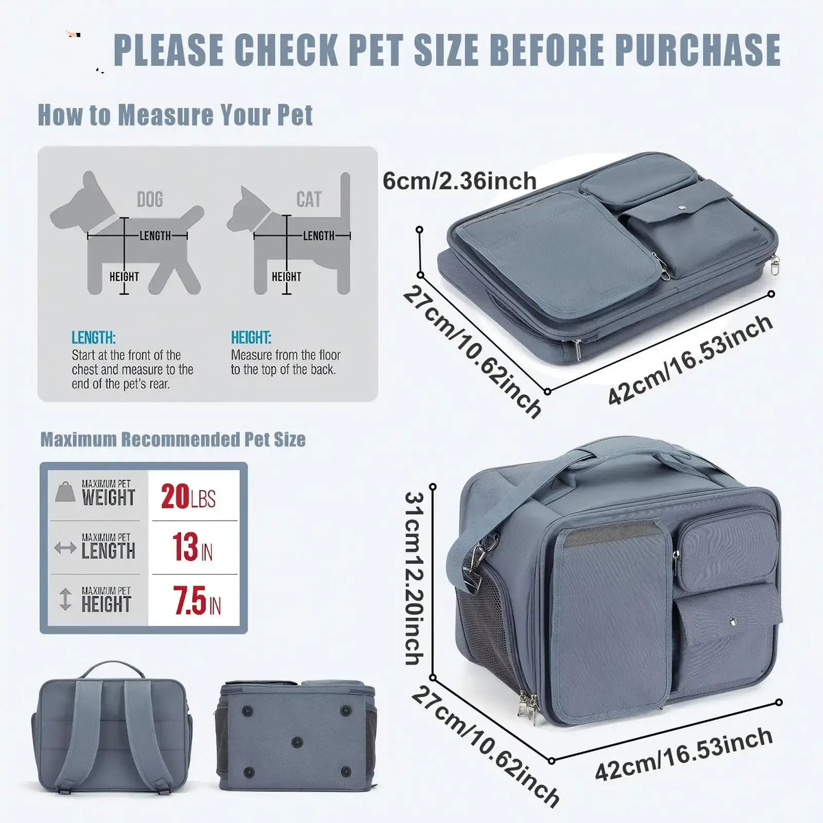 Gray pet carrier travel bag with multiple compartments and zippers for small to medium-sized cats and dogs