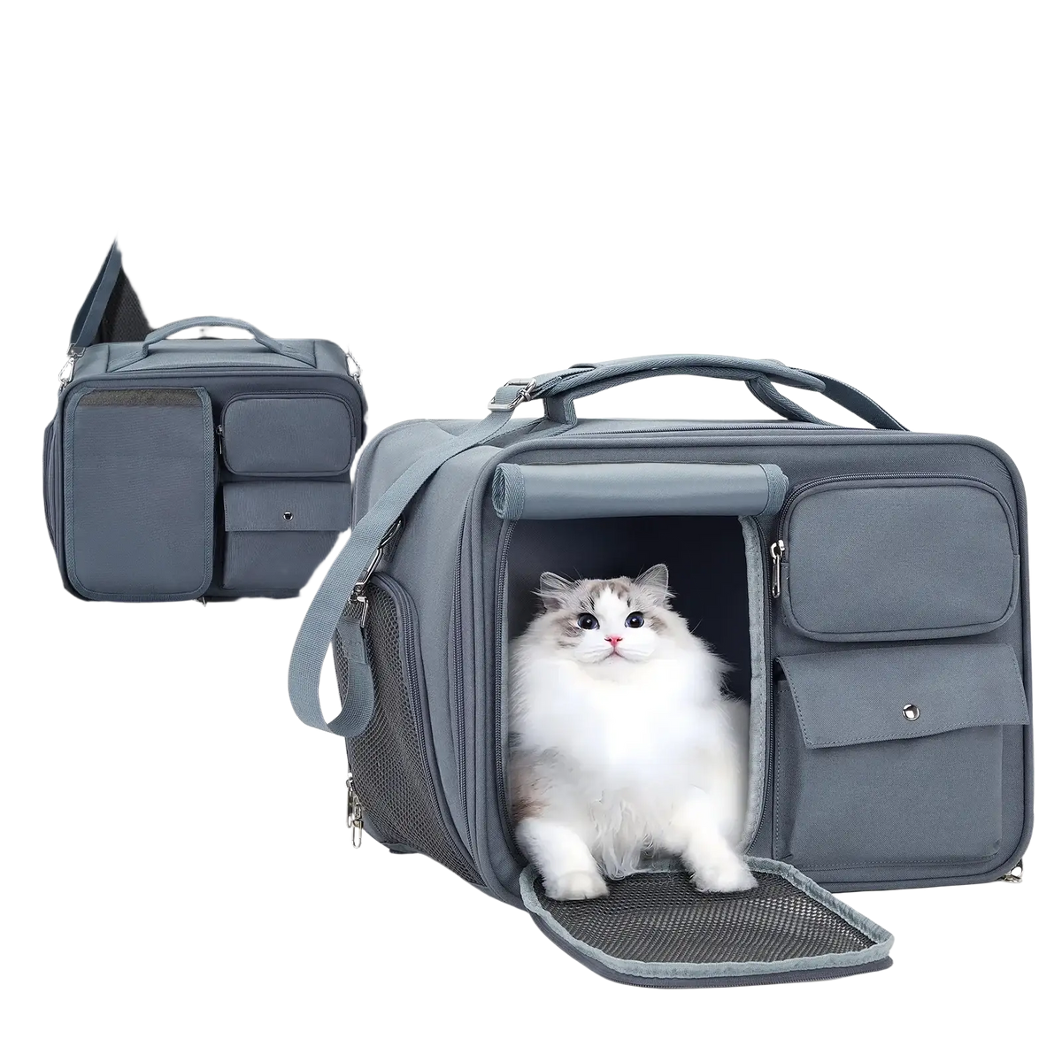 Gray breathable pet carrier travel bag with mesh-lined opening and multiple compartments for small cats and dogs