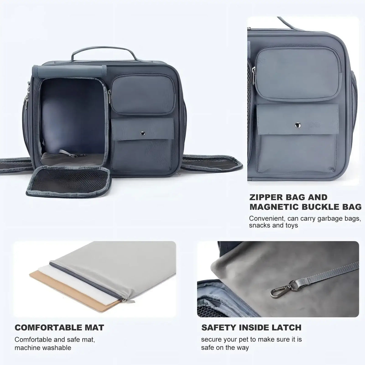 Gray pet carrier travel bag with zipper and magnetic pockets designed for small cats and dogs travel bag use