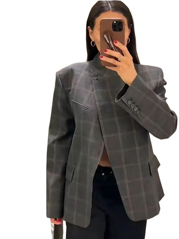 Gray plaid oversized blazer with structured fit and subtle button details for a polished professional look