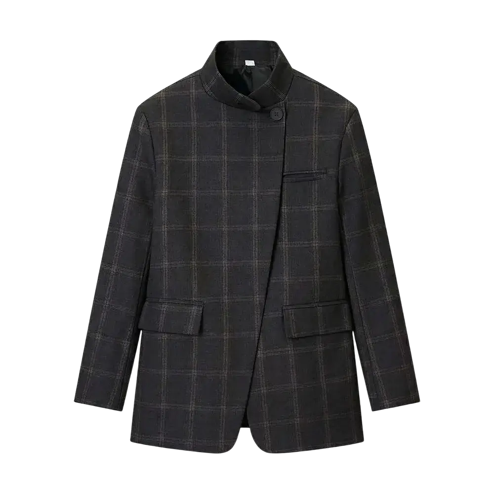 Black plaid blazer with mandarin collar and two front pockets in gray plaid oversized blazer style