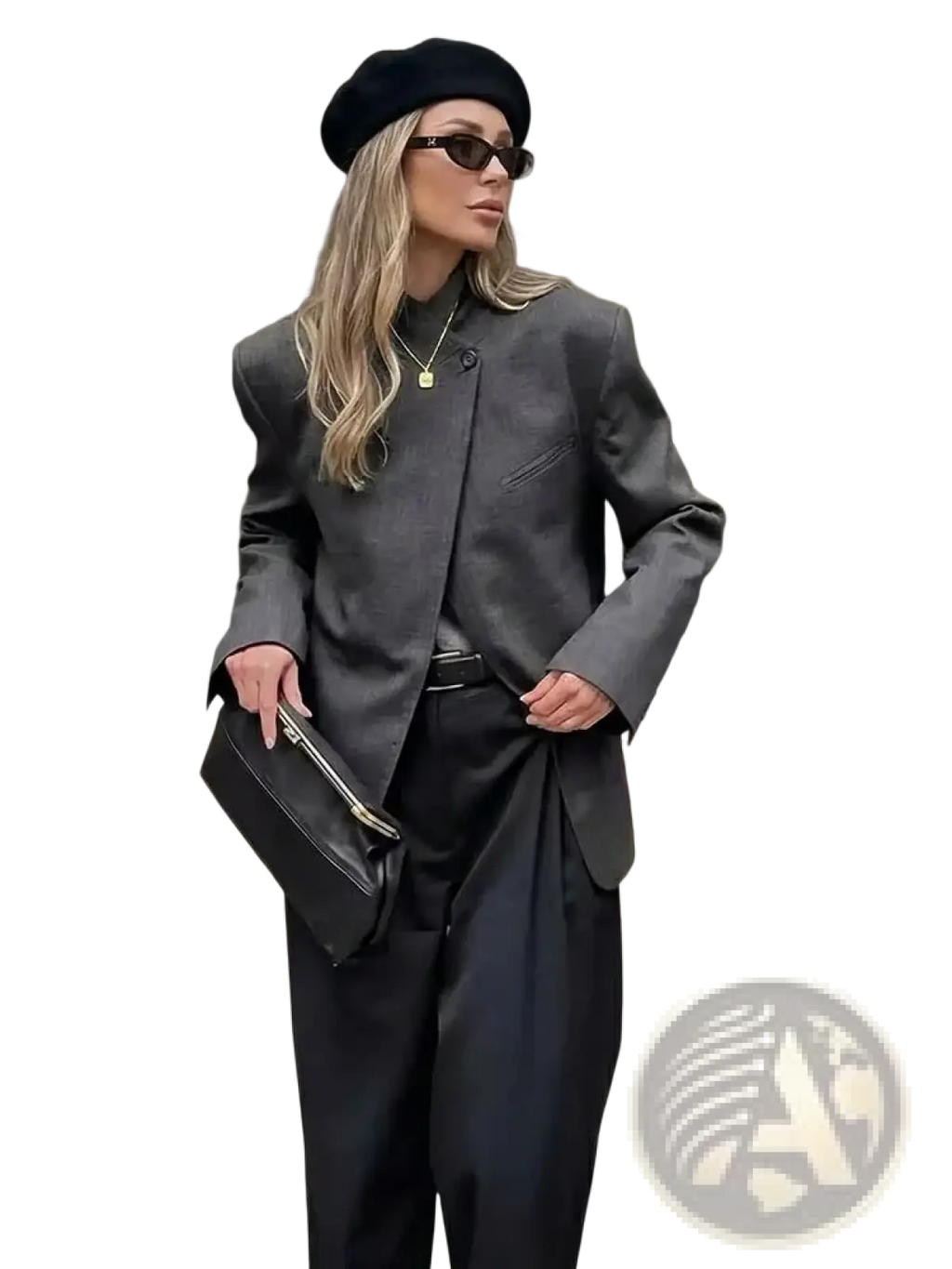 Black leather clutch with gold zipper pull complementing gray plaid oversized blazer for stylish occasions