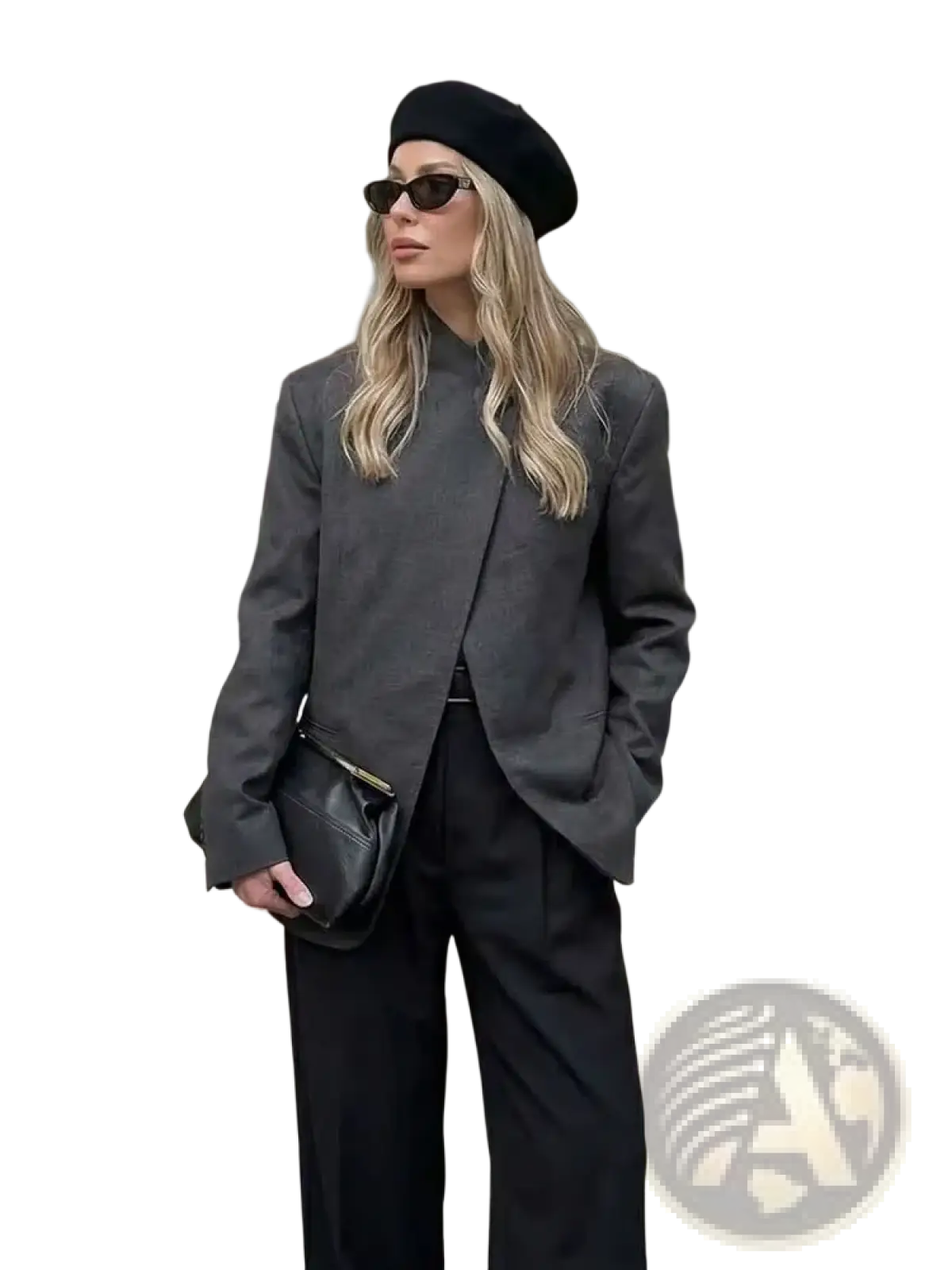 Black leather crossbody bag with gold zipper pull complementing a gray plaid oversized blazer