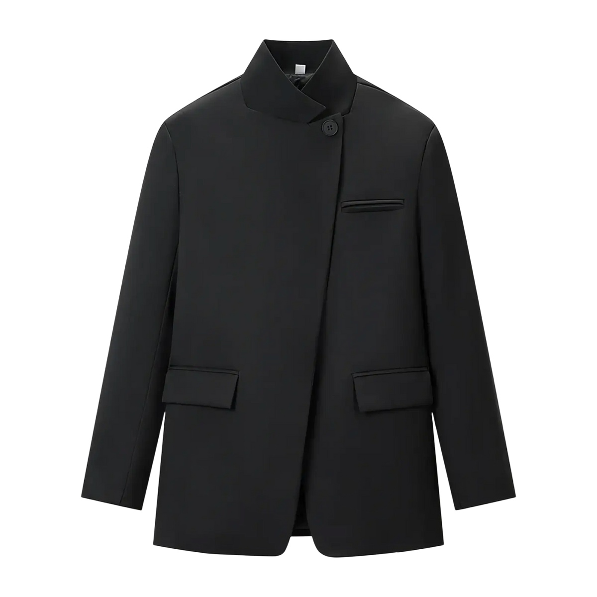 Black stand-collar blazer with single button closure and flap pockets styled with a gray plaid oversized blazer