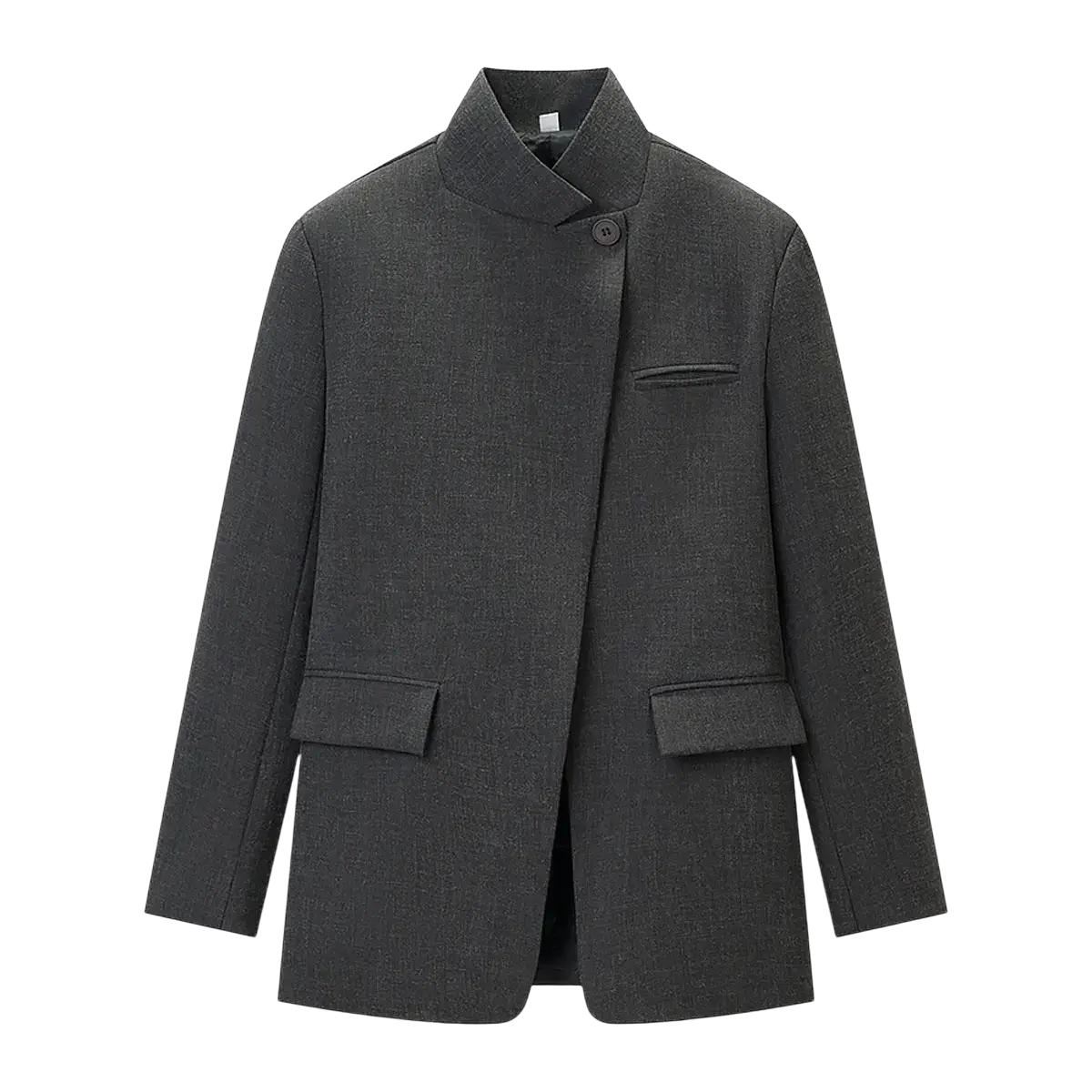 Dark gray woolen blazer with mandarin collar and flap pockets complements gray plaid oversized blazer style