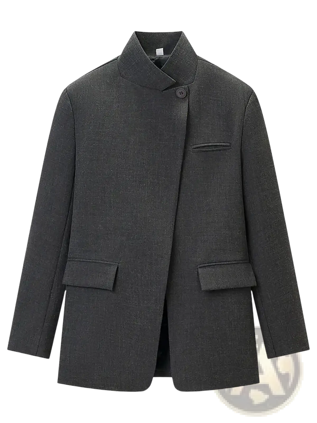Gray plaid oversized blazer featuring a dark gray woolen coat with a mandarin collar and two front flap pockets