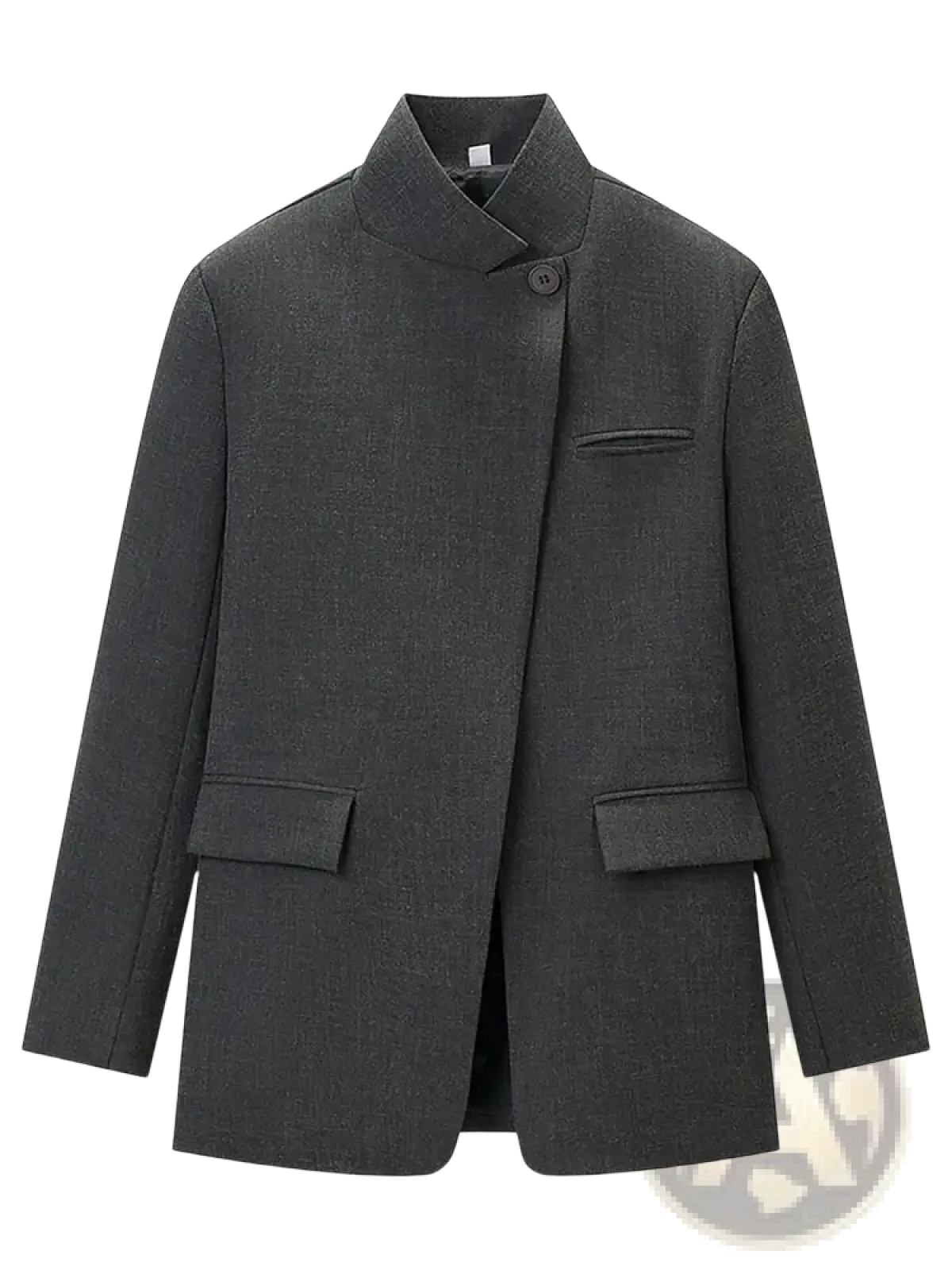 Gray plaid oversized blazer featuring a dark gray woolen coat with a mandarin collar and two front flap pockets
