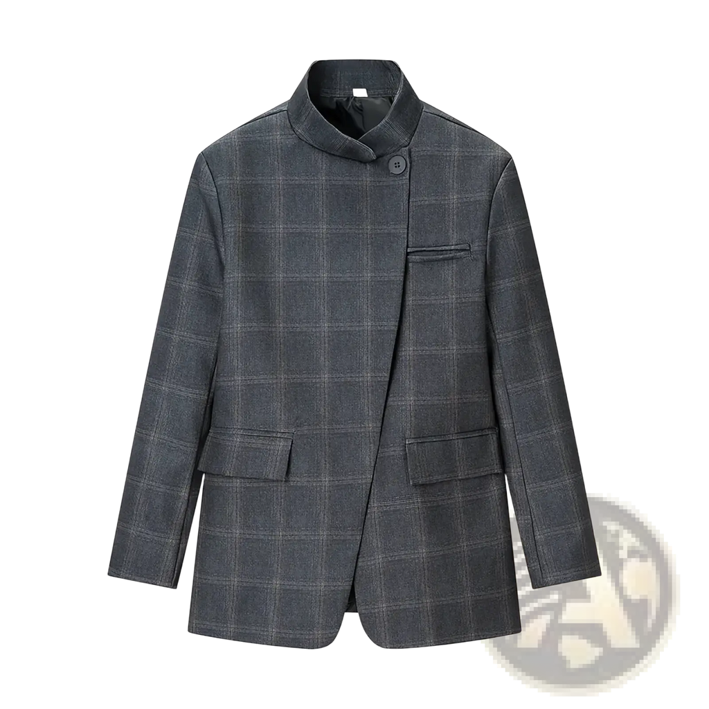 Gray plaid oversized blazer in wool with a mandarin collar and two front pockets for a stylish look