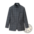 Gray plaid oversized blazer in wool with a mandarin collar and two front pockets for a stylish look