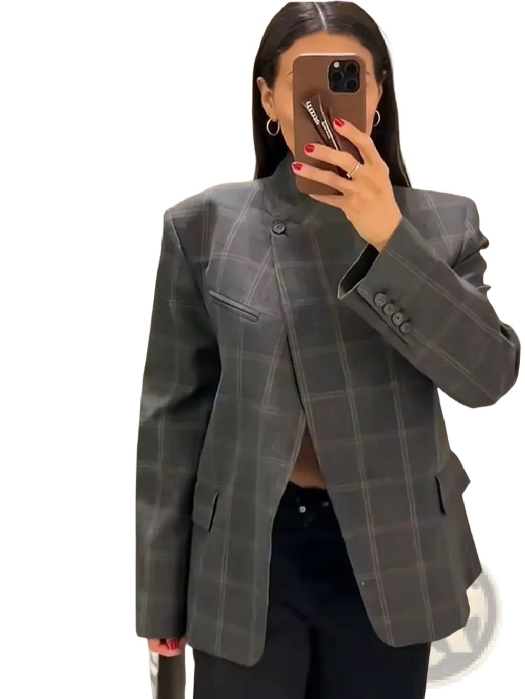 Gray plaid oversized blazer with structured fit and subtle button details for a polished professional look