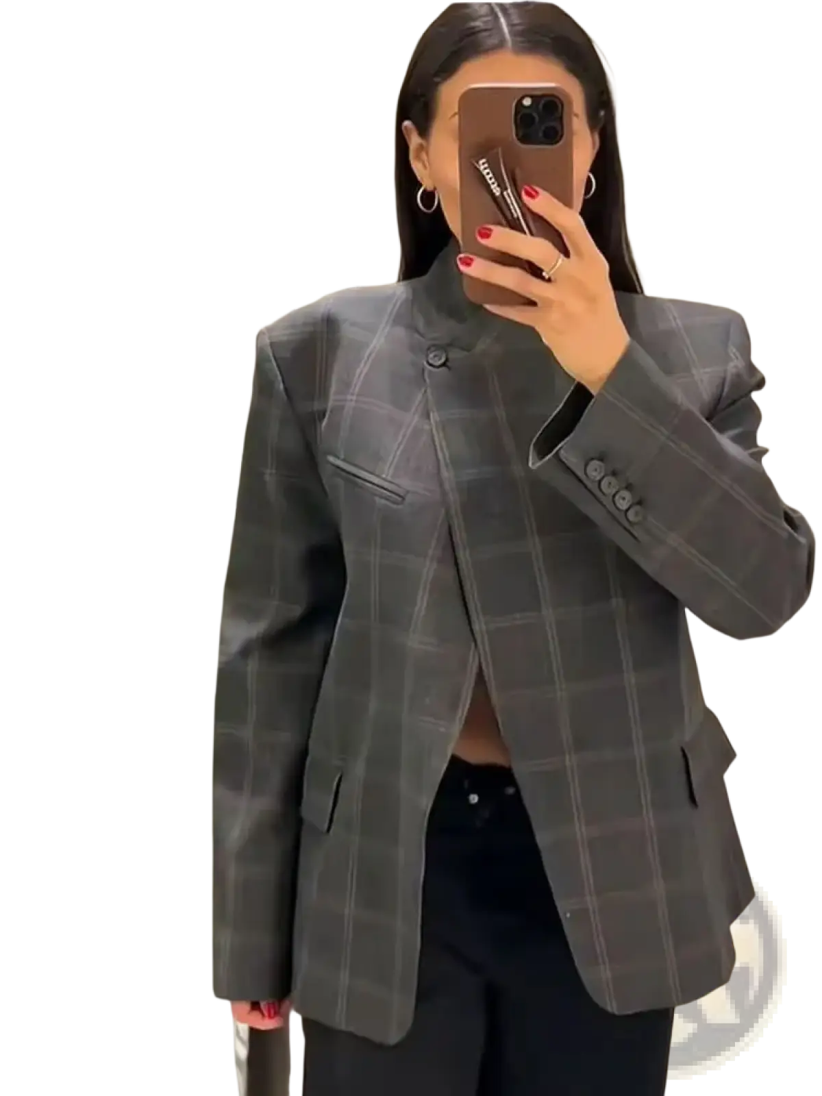 Gray plaid oversized blazer with structured fit and subtle button details for a polished professional look