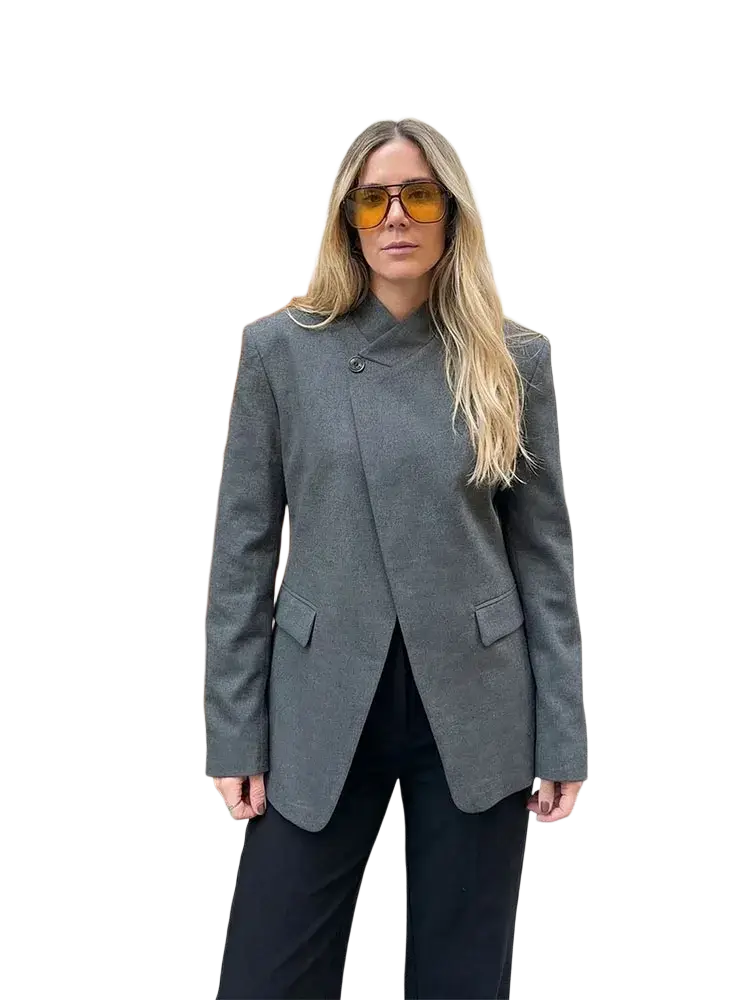 Gray plaid oversized wool blazer featuring a distinctive asymmetrical front and single button closure
