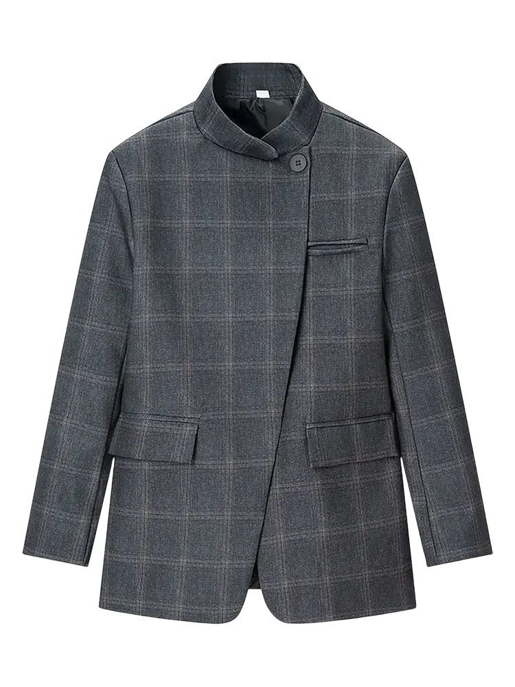 Gray plaid oversized wool blazer with mandarin collar and flap pockets for stylish outerwear
