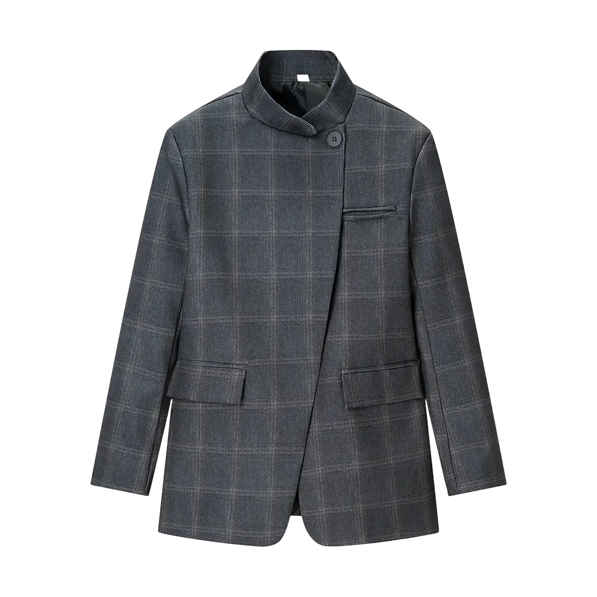 Gray plaid oversized blazer in wool with a mandarin collar and two front pockets for a stylish look
