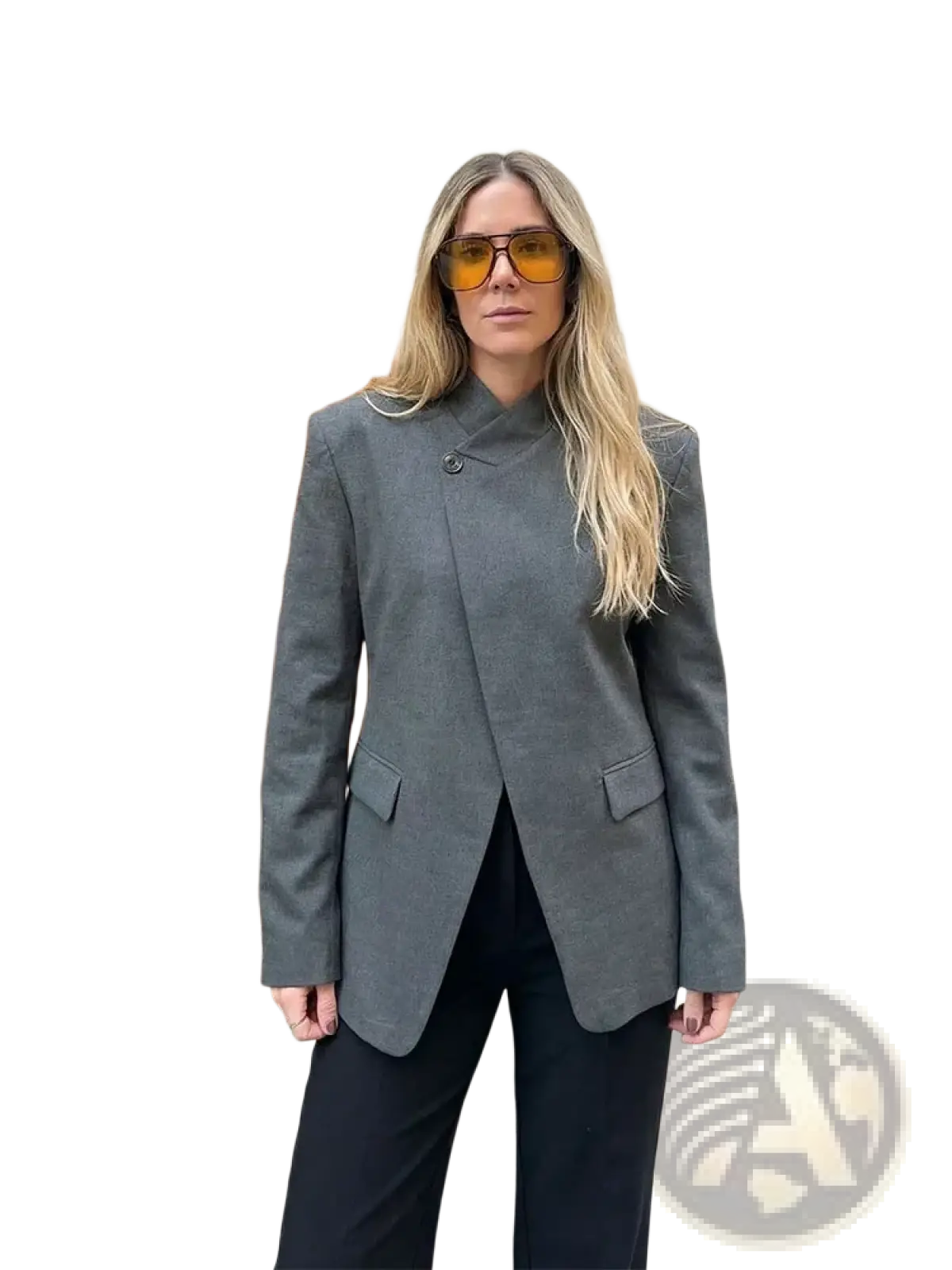 Gray plaid oversized wool blazer featuring a distinctive asymmetrical front and single button closure
