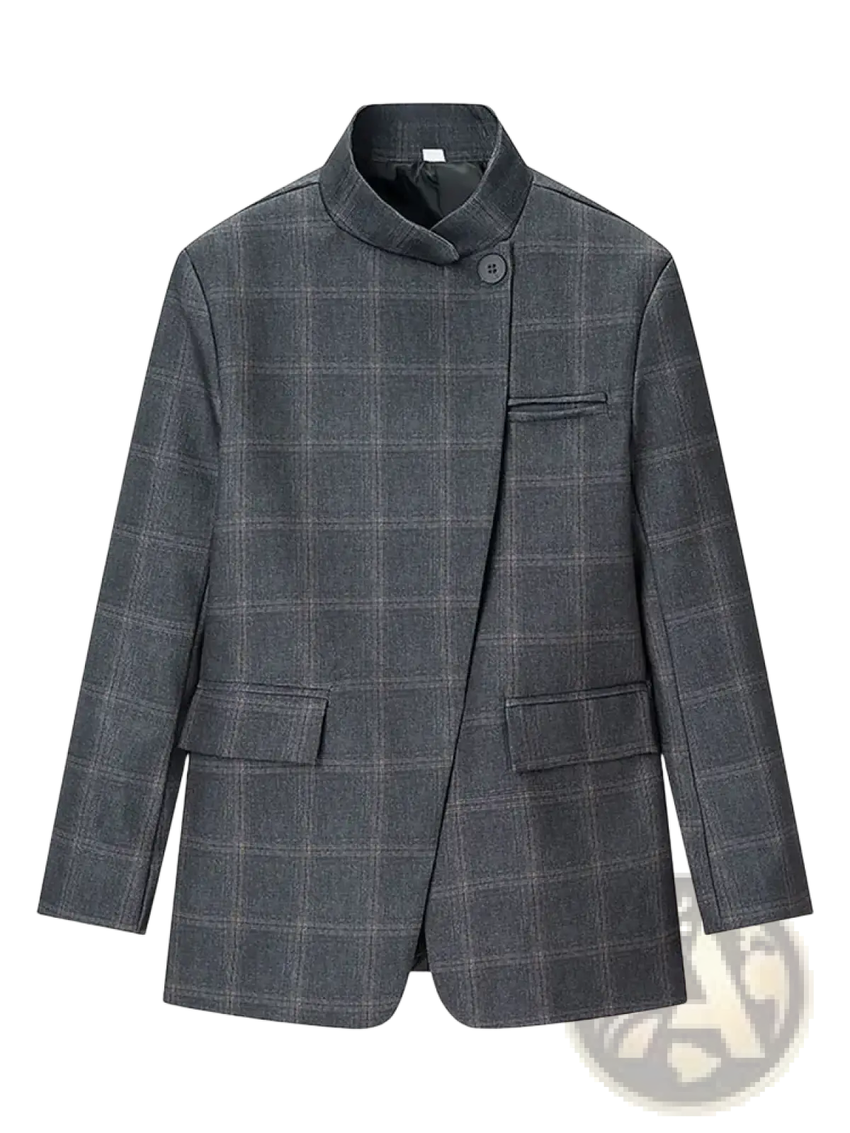 Gray plaid oversized wool blazer with mandarin collar and flap pockets for stylish outerwear
