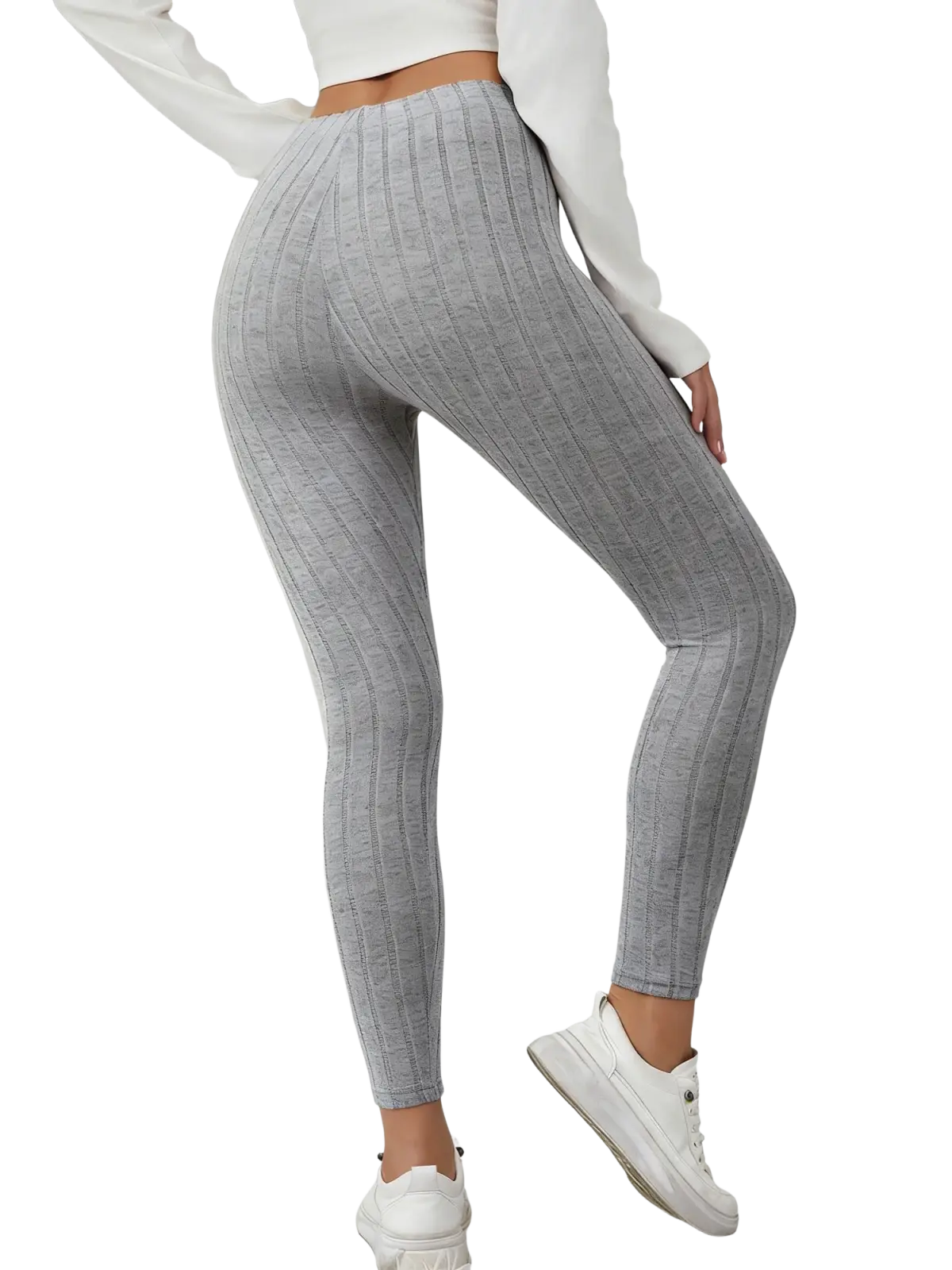 Gray ribbed knit stretchy leggings featuring a high-waisted design and comfortable stretch fabric for everyday wear
