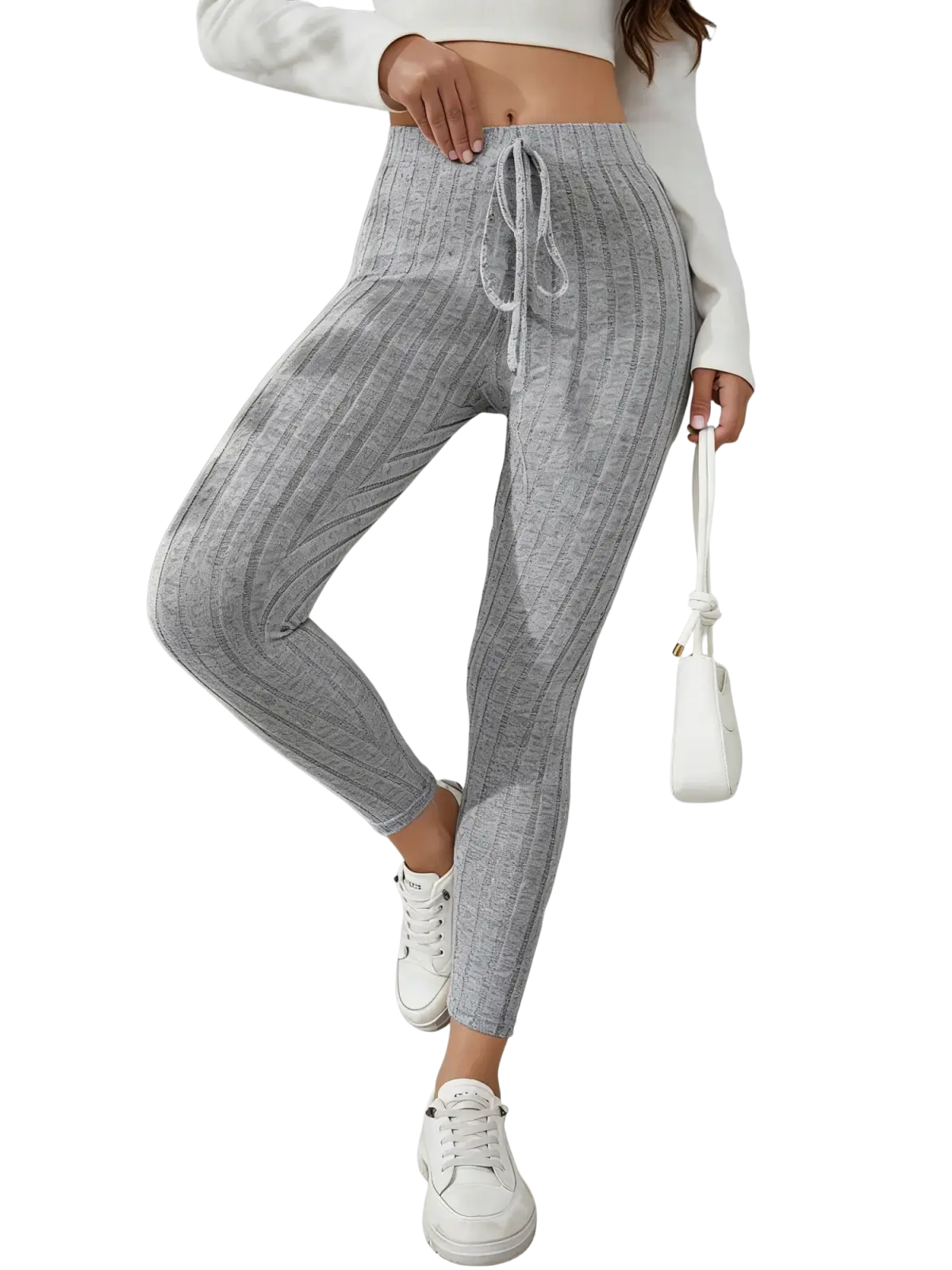 Gray ribbed knit stretchy leggings with drawstring waistband designed as comfortable jogger pants
