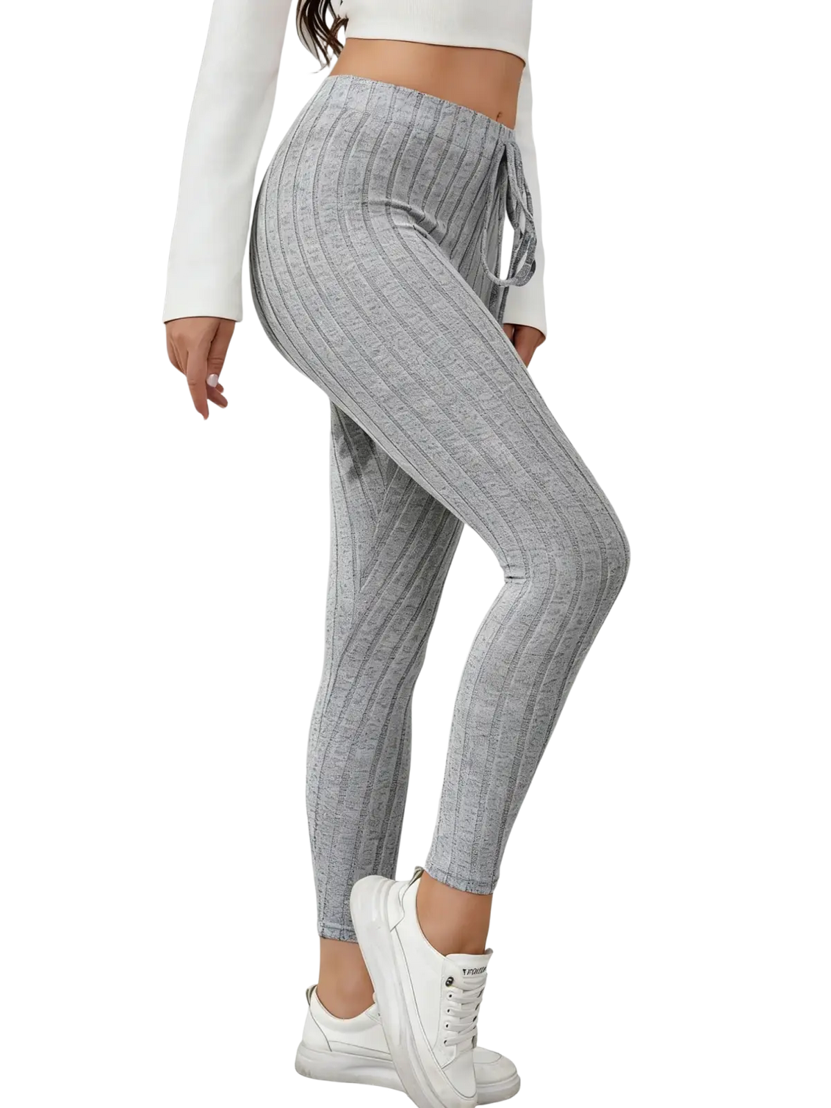 Gray ribbed knit stretchy leggings featuring a drawstring waistband for adjustable comfort and fit