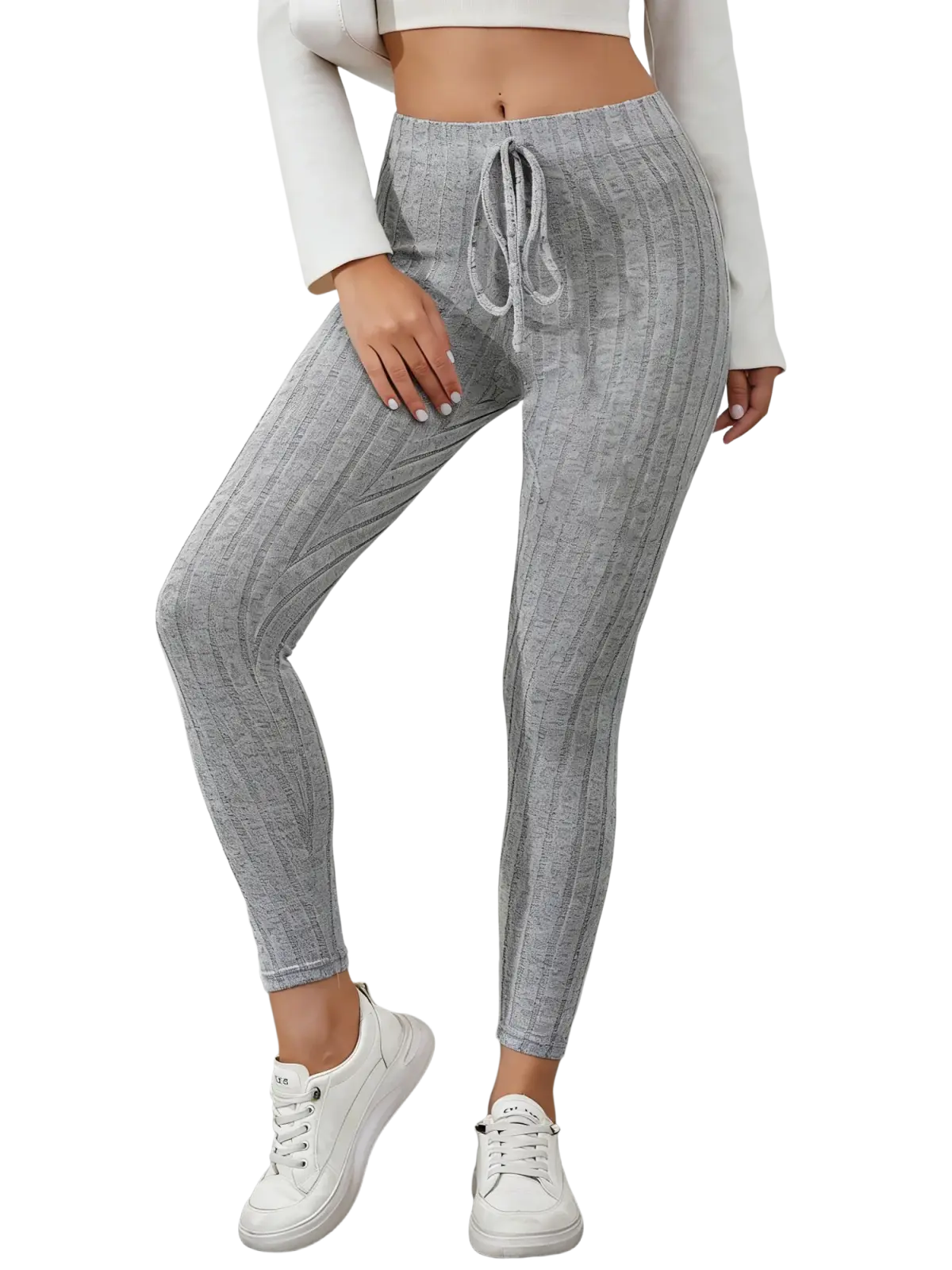 Gray ribbed knit stretchy leggings with a drawstring waistband made of soft stretchy fabric for comfort and style