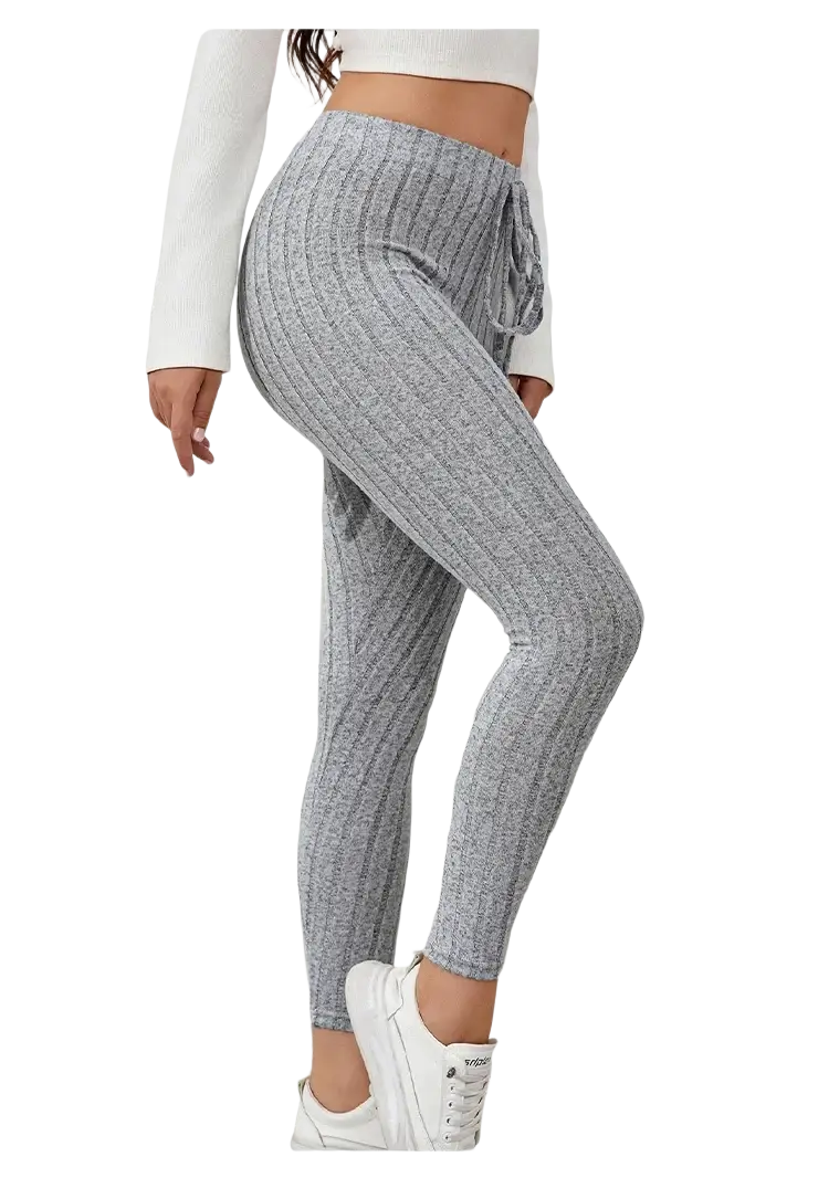 Gray ribbed knit stretchy leggings with a drawstring waistband made of soft knit fabric for comfortable wear