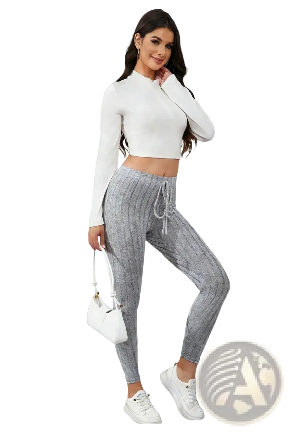 Gray ribbed knit stretchy leggings featuring a cable-knit pattern and drawstring waistband for comfortable wear