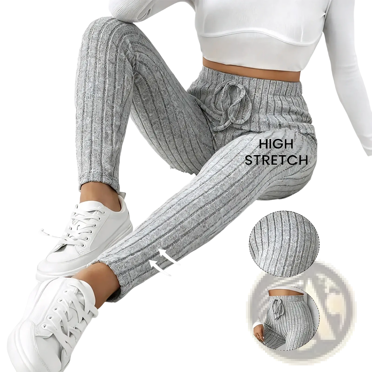 Gray ribbed knit stretchy leggings with high-stretch fabric and a drawstring waistband for comfortable wear