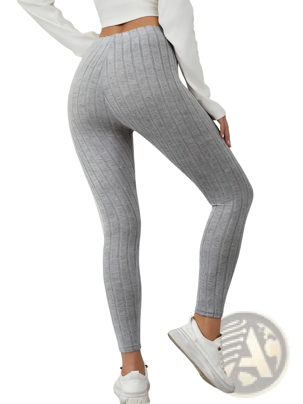 Gray ribbed knit stretchy leggings featuring a high-waisted design and comfortable stretch fabric for everyday wear