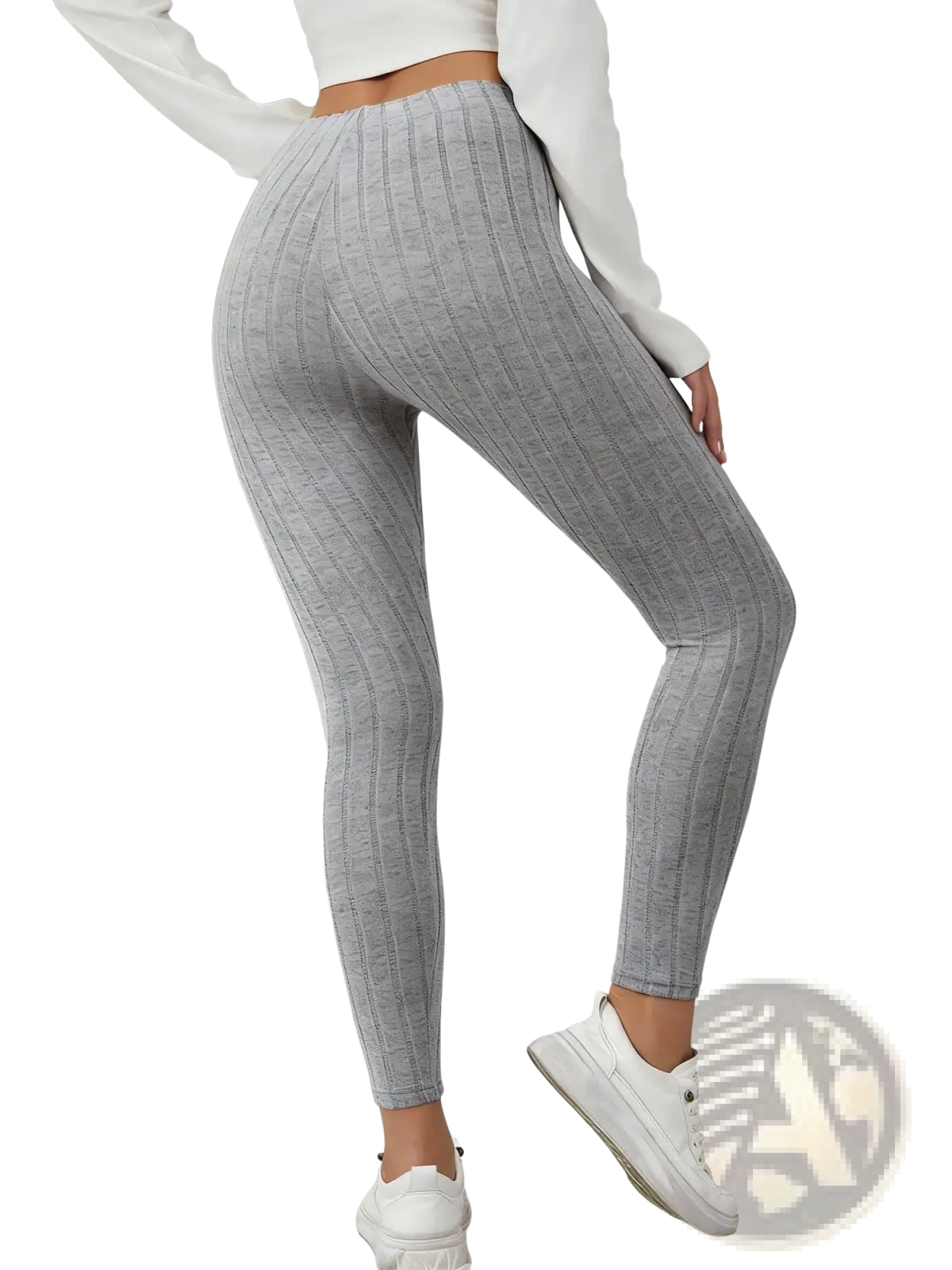Gray ribbed knit stretchy leggings featuring a high-waisted design and comfortable stretch fabric for everyday wear