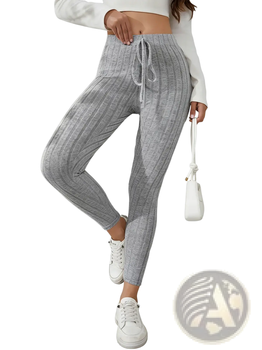 Gray ribbed knit stretchy leggings with drawstring waistband designed as comfortable jogger pants