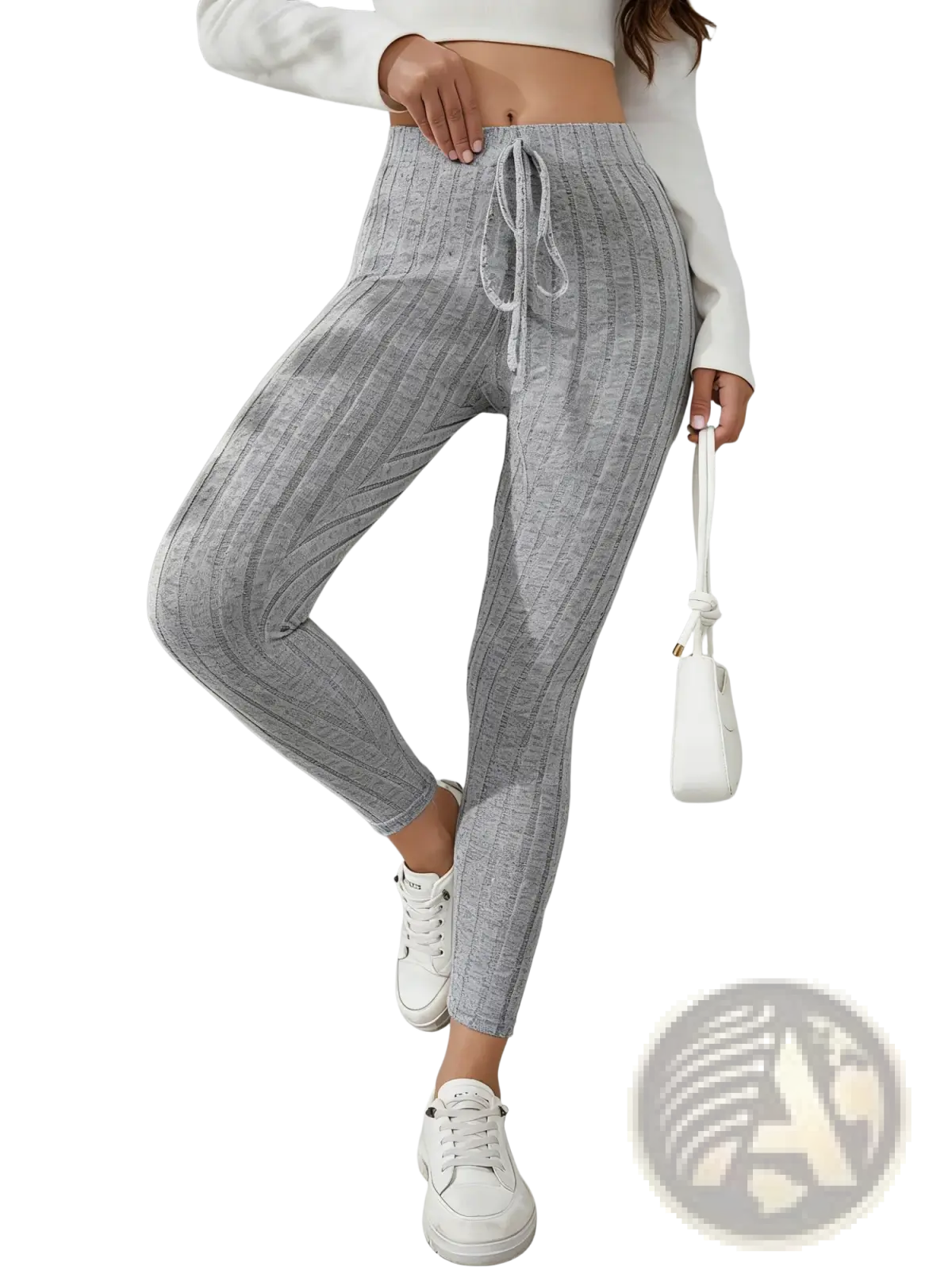 Gray ribbed knit stretchy leggings with drawstring waistband designed as comfortable jogger pants