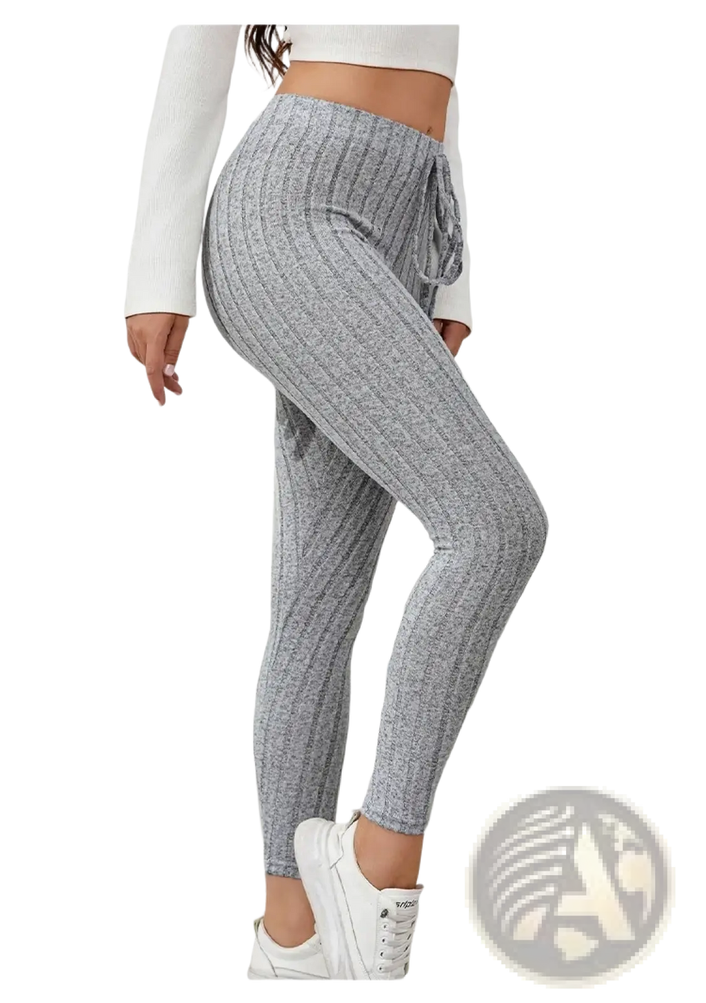 Gray ribbed knit stretchy leggings with a drawstring waistband made of soft knit fabric for comfortable wear